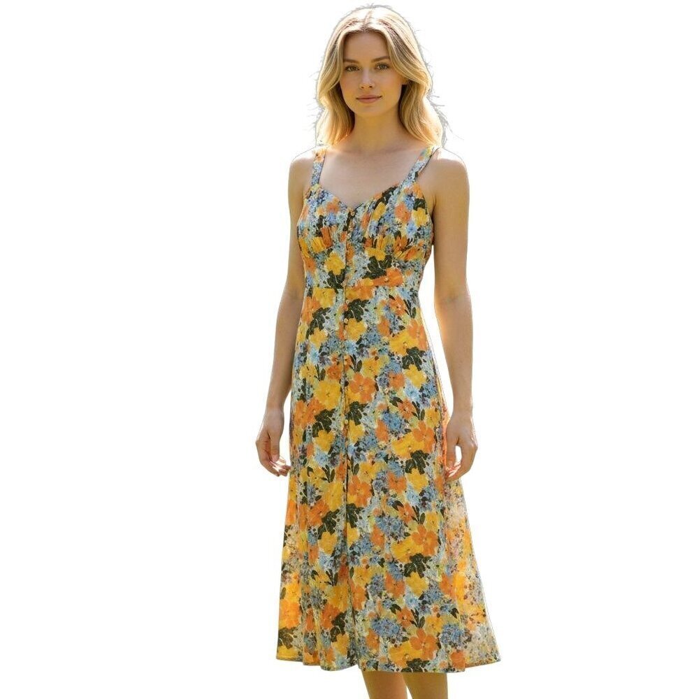 Abercrombie and Fitch Small Dress Yellow Floral Slim Midi Adjustable Straps - Picture 1 of 11